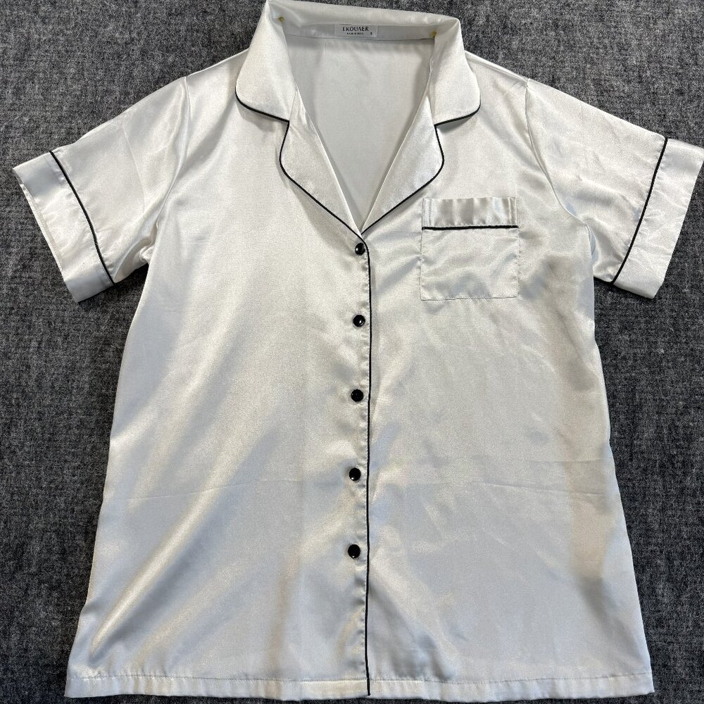White Satiny sleep set small button top shorts